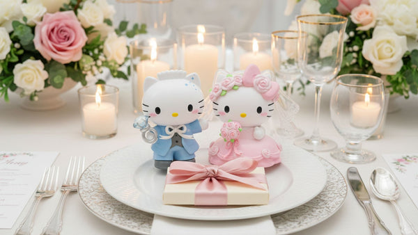 Hello Kitty wedding figurines on elegant wedding dinner table with flowers, candles and gold‑rimmed tableware