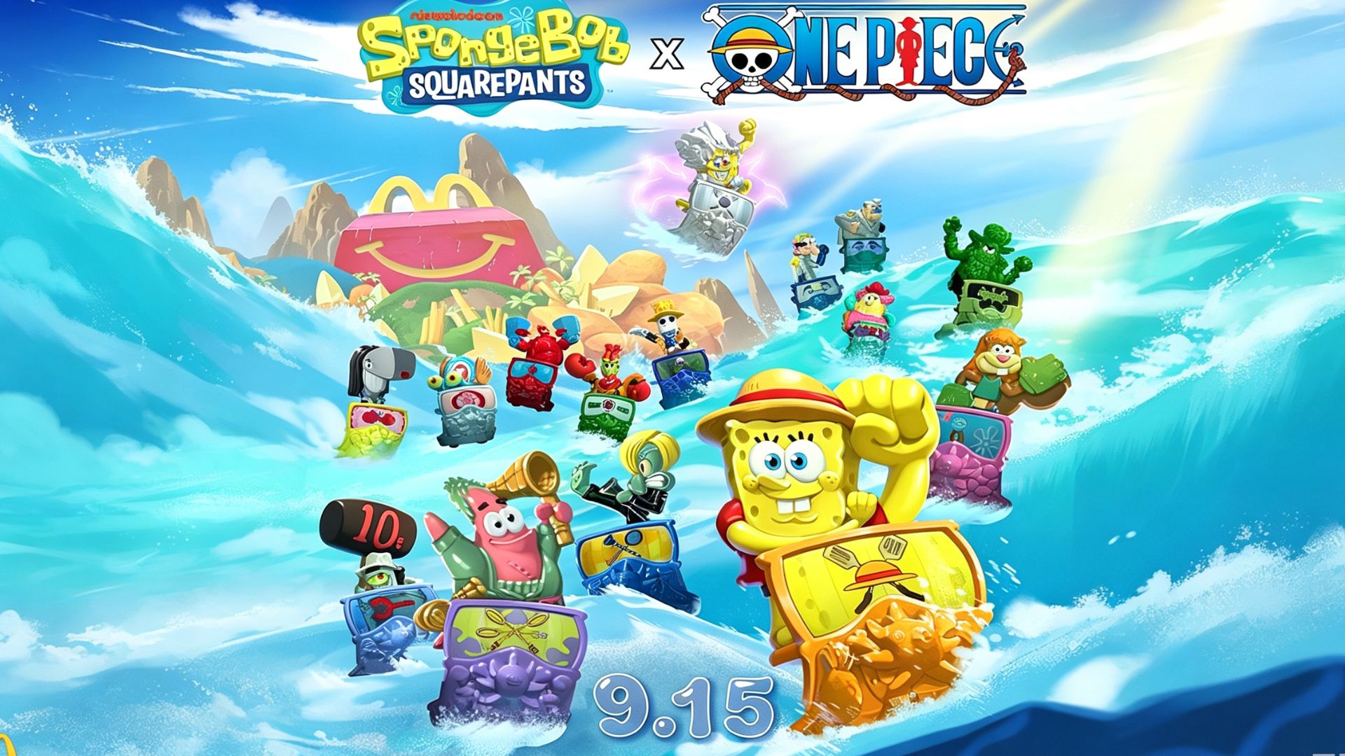 McDonald's SpongeBob x One Piece collaboration poster, characters riding cars in ocean waves