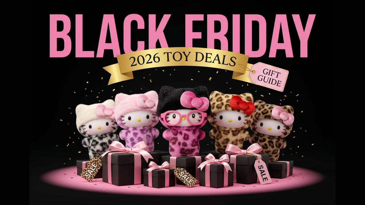 Hello Kitty Leopard Series plush charms displayed with Black Friday 2026 toy deals gift boxes and sale tags on a black and pink holiday sale backdrop.