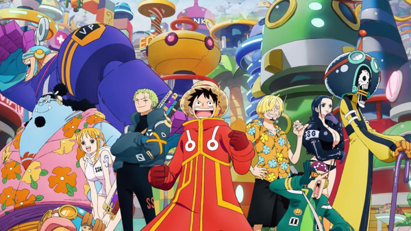 Official One Piece illustration of the Straw Hat Pirates. Luffy stands front center in red lab coat, surrounded by Zoro, Nami, Sanji, Robin, Franky, Brook, Chopper, Jinbe and Usopp, Egghead Island futuristic sci-fi cityscape backdrop.