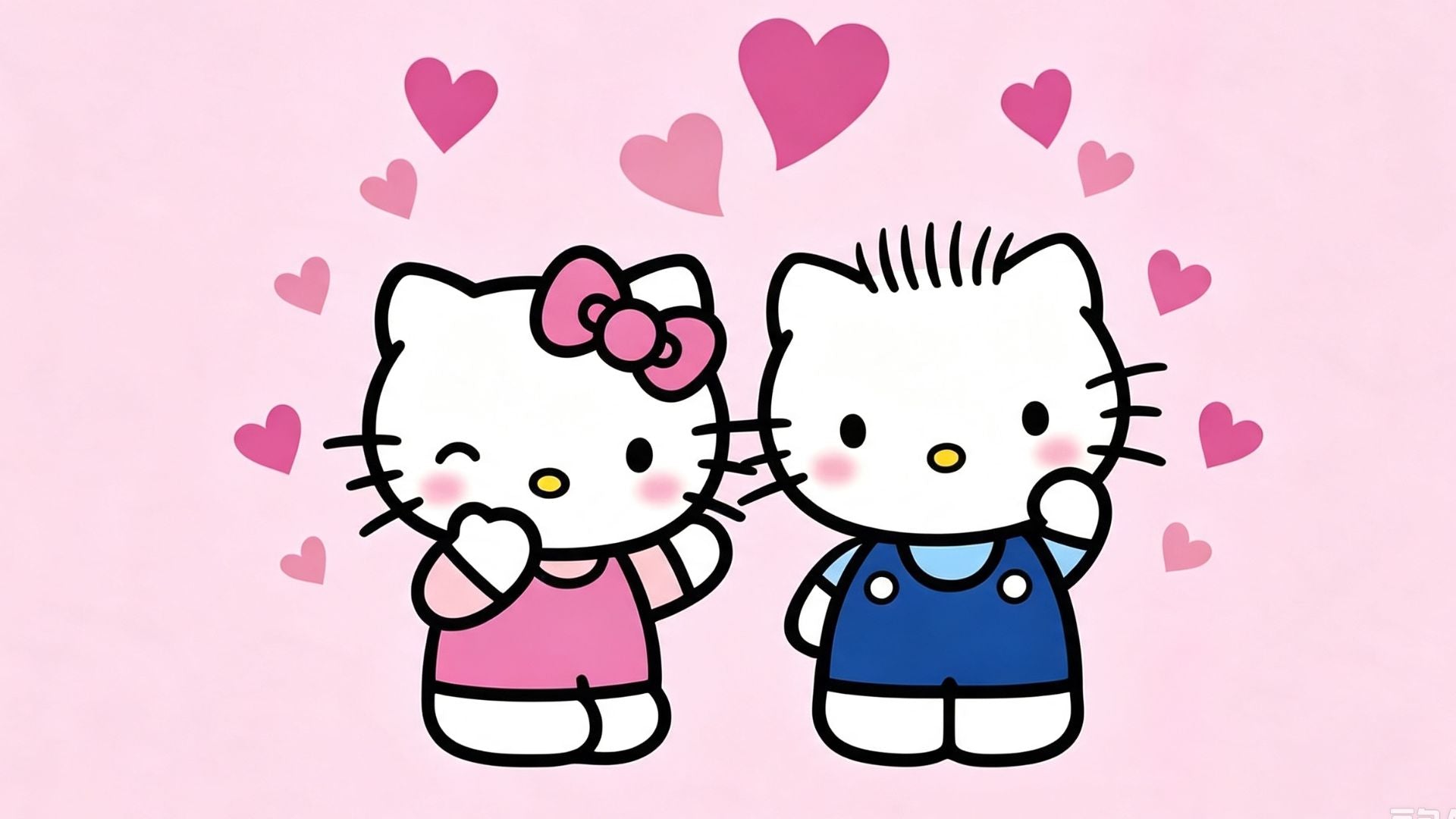 Hello Kitty and Dear Daniel cute romantic wallpaper with pink background and floating hearts, Sanrio cartoon illustration