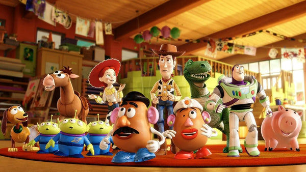 Toy Story group photo featuring Woody, Buzz Lightyear, and friends in a classic Pixar scene.