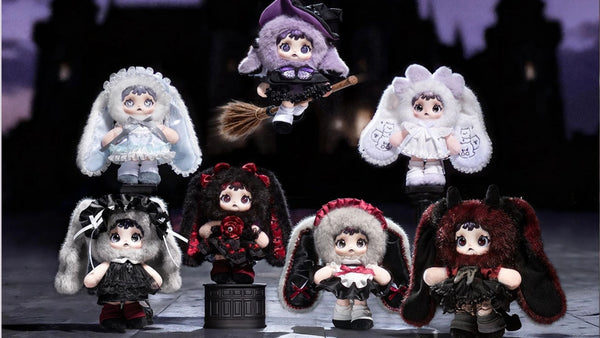 Full set of Heymi Witch's Game Series plush blind box figures. Cute Heymi dolls feature fluffy long bunny ears and gothic lolita witch outfits. Scene display against twilight dark castle backdrop, sweet dark style collectible art toys.