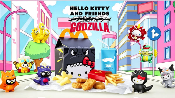 McDonald's Happy Meal Hello Kitty and Friends x Godzilla collaboration, collectible toy figures, meal set, cartoon city background