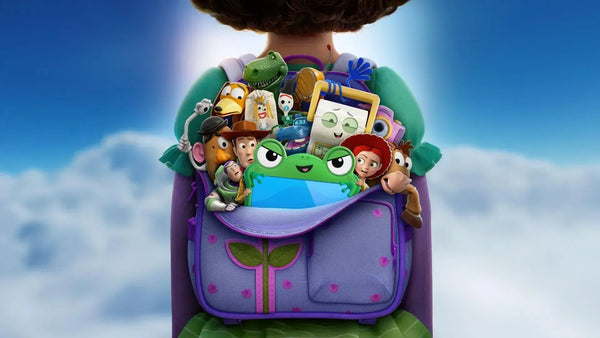 Toy Story 5 movie poster featuring all characters in a colorful group scene, Pixar animated film