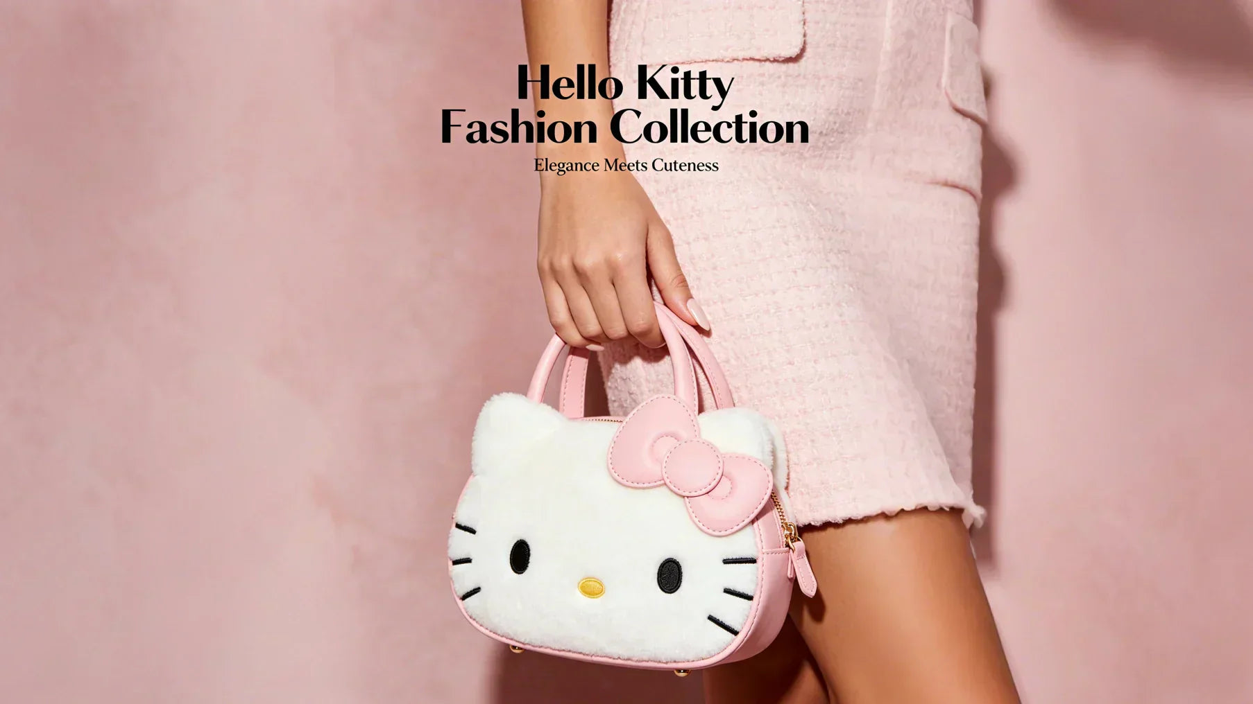 A female model holding a Hello Kitty themed handbag