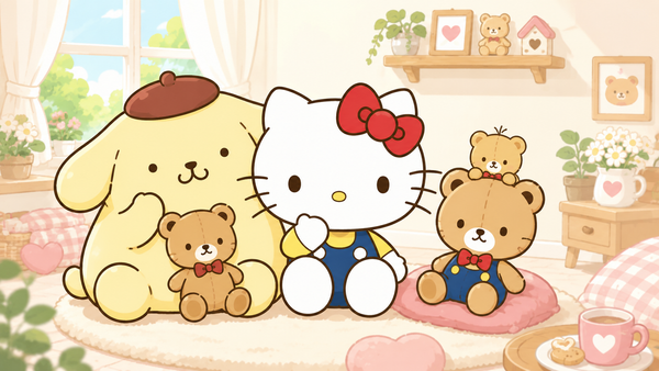 Cute Sanrio illustration of Hello Kitty and Pompompurin relaxing together with tiny teddy bears inside a cozy pastel bedroom
