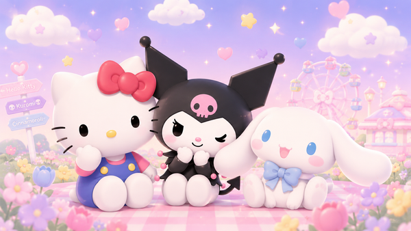 Hello Kitty, Kuromi, and Cinnamoroll from Sanrio sitting together in a cute pastel amusement park
