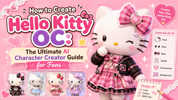 Hello Kitty OC creator guide showing how to design custom Sanrio characters with AI, featuring cute pink fashion and customization options