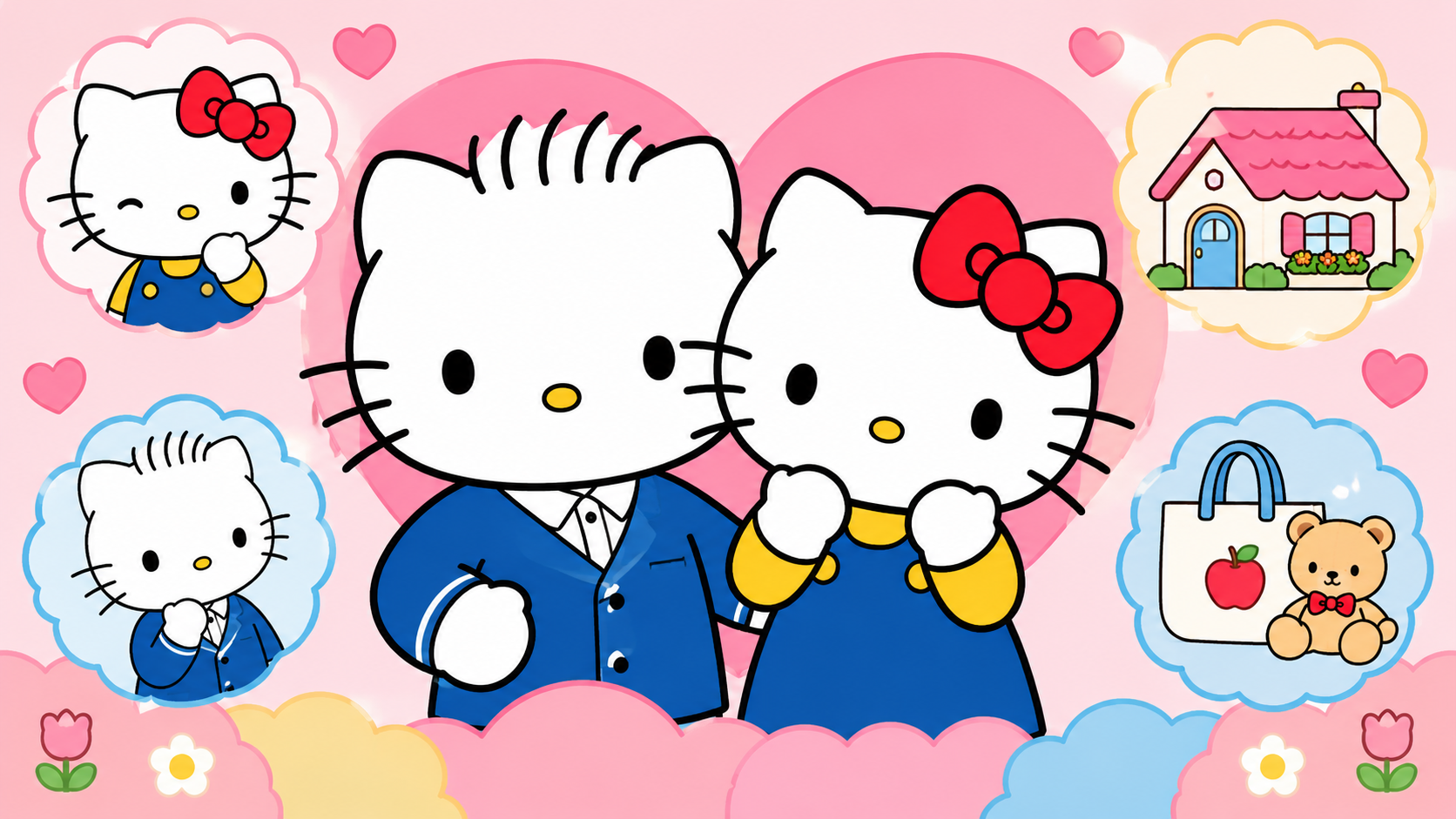 Hello Kitty and her boyfriend Dear Daniel together with cute icons of their home and favorite things, in classic Sanrio cartoon style