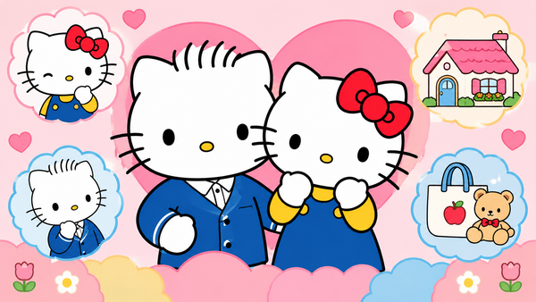 Hello Kitty and her boyfriend Dear Daniel together with cute icons of their home and favorite things, in classic Sanrio cartoon style