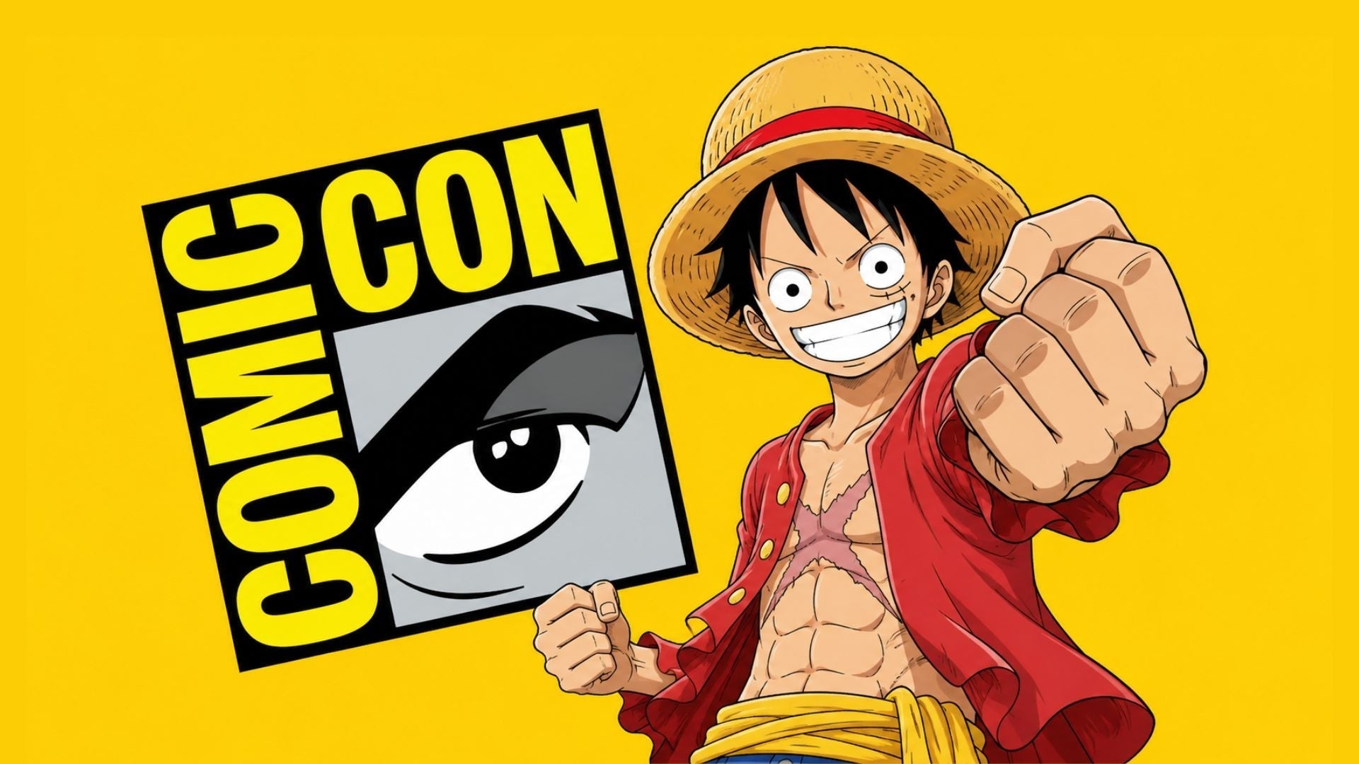 Vibrant San Diego Comic-Con crossover illustration of One Piece Monkey D Luffy with straw hat throwing punch forward beside official Comic-Con logo on solid bright yellow background for anime convention promotional use