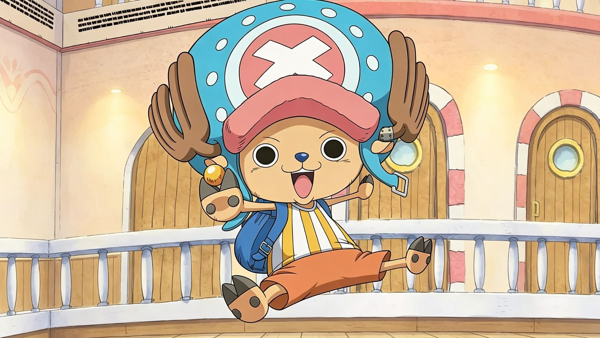 Cheerful Tony Tony Chopper from One Piece leaps joyfully mid-air, gripping a candy; classic blue hat with cross emblem, striped shirt and backpack, ship cabin balcony interior as background, official anime artwork