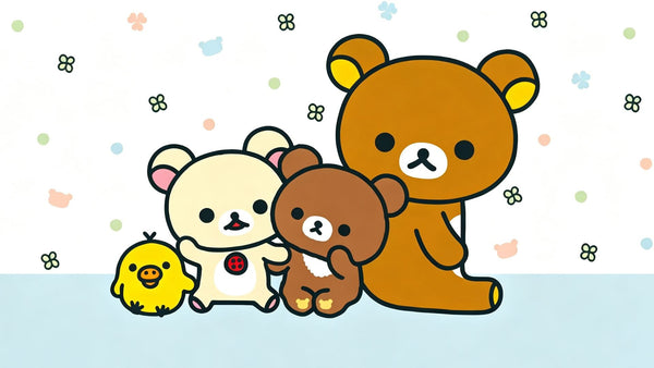 Cute Rilakkuma cartoon illustration featuring Rilakkuma, Korilakkuma, Chairoikoguma and Kiiroitori lined up on pastel dotted floral background