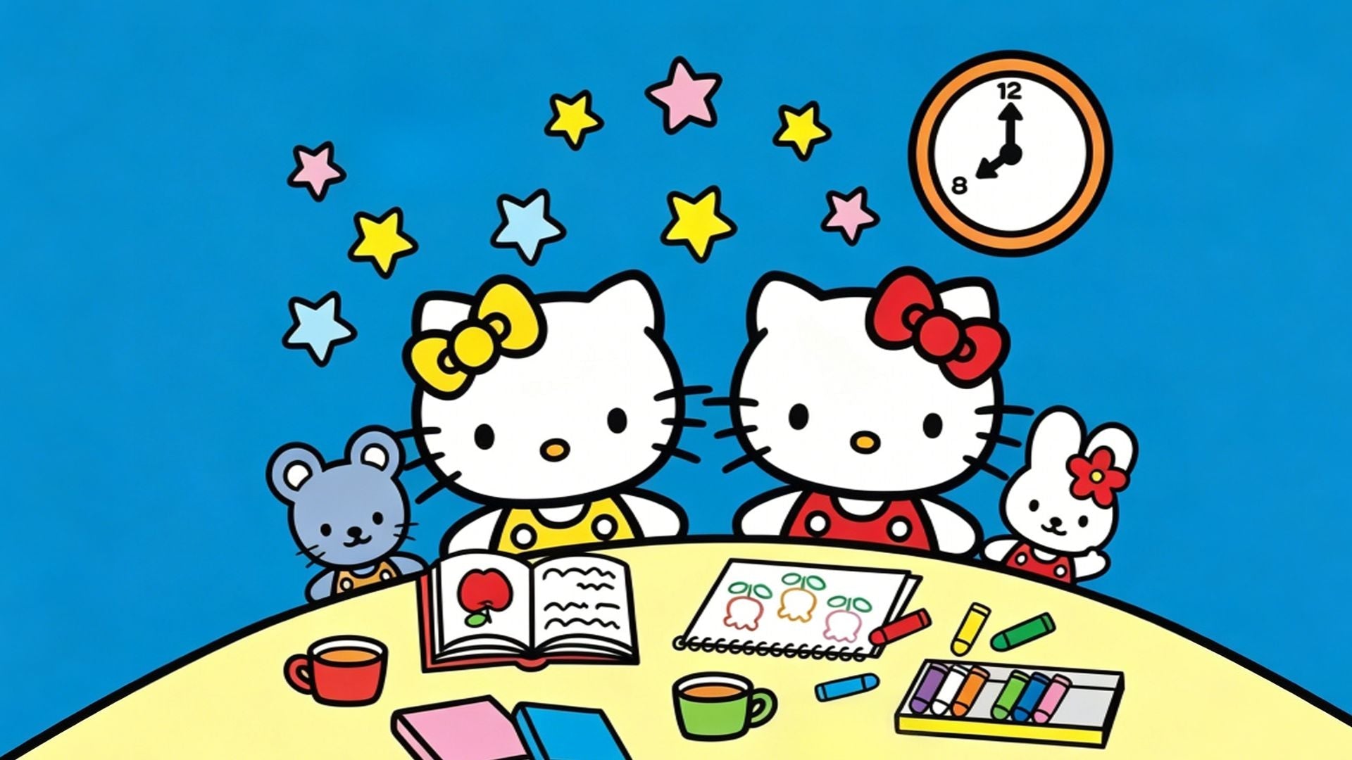 Classic Sanrio illustration of Hello Kitty and twin sister Mimmy studying together with books, crayons, tiny mouse and rabbit friends, colorful stars and wall clock on bright blue background