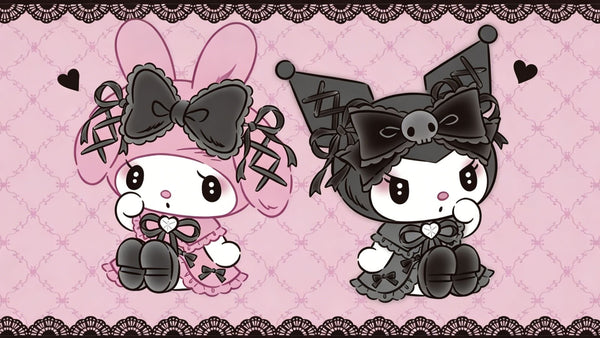 Gothic lolita style Sanrio illustration of My Melody and Kuromi with black lace bows, skull decor, pink damask background and lace border