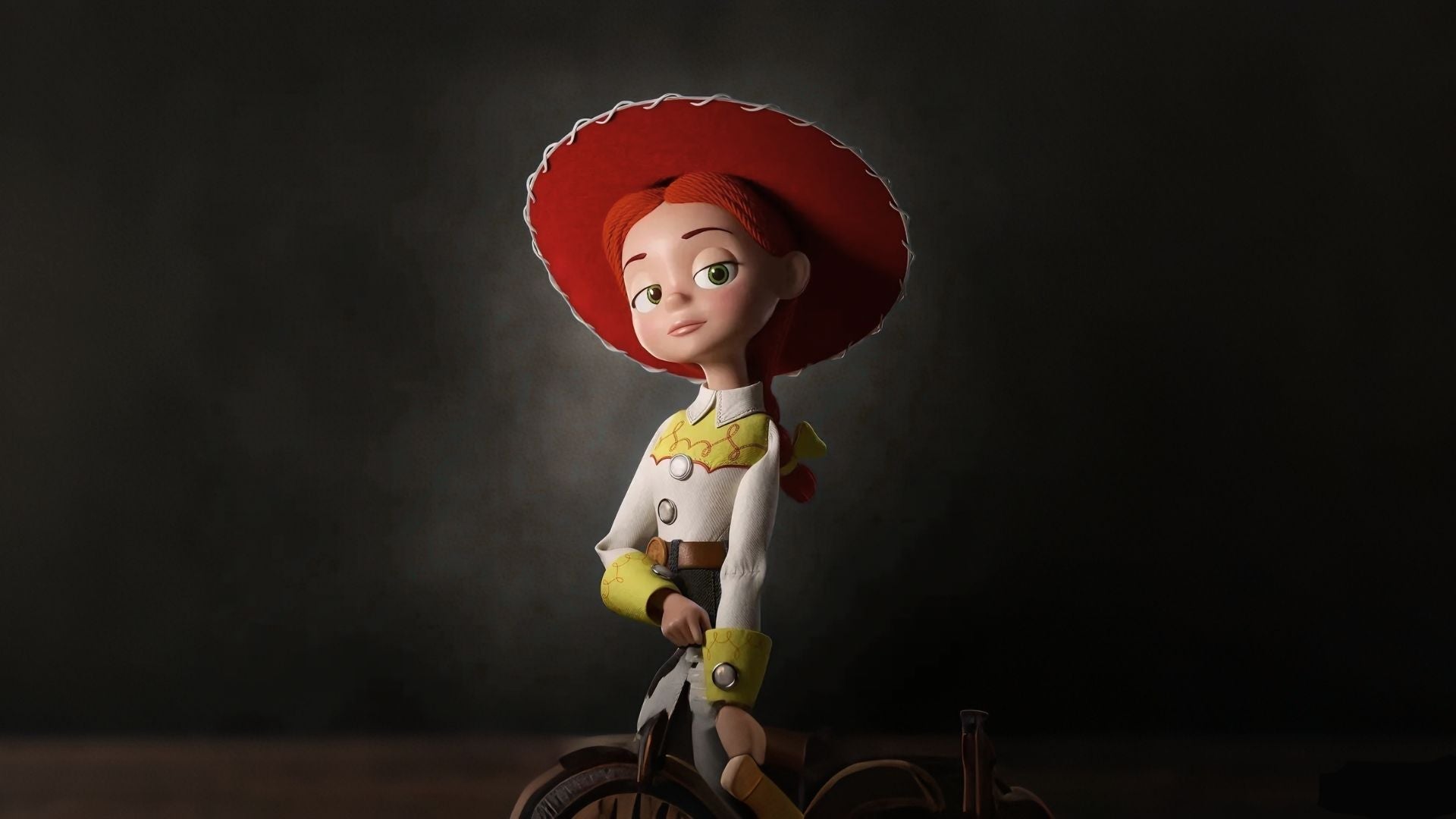 Studio portrait of Jessie the cowgirl from Toy Story with red braid and cowboy hat, dramatic soft spotlight lighting on dark moody background