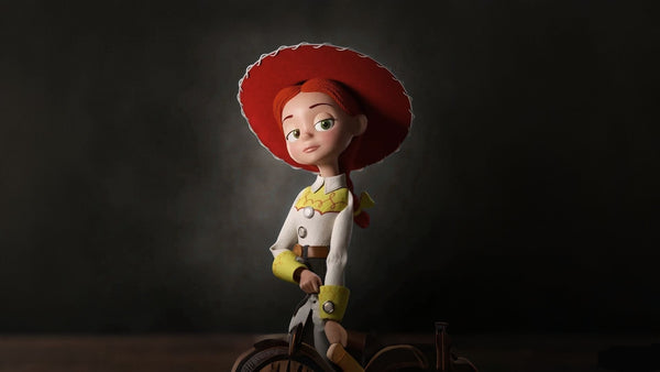 Studio portrait of Jessie the cowgirl from Toy Story with red braid and cowboy hat, dramatic soft spotlight lighting on dark moody background