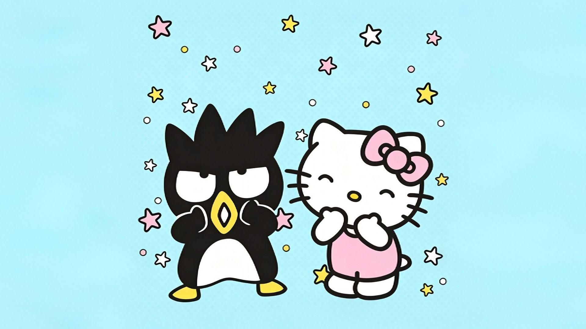 Cute Sanrio cartoon of Hello Kitty with pink bow and Badtz-Maru penguin surrounded by colorful stars on light blue background