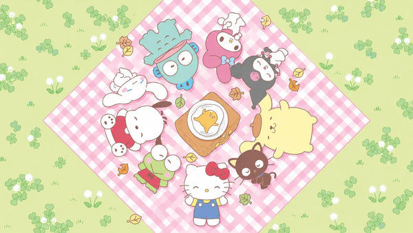 Cute Sanrio characters including Hello Kitty, Kuromi, Cinnamoroll, and Pompompurin having a picnic on a pink checkered blanket in a meadow