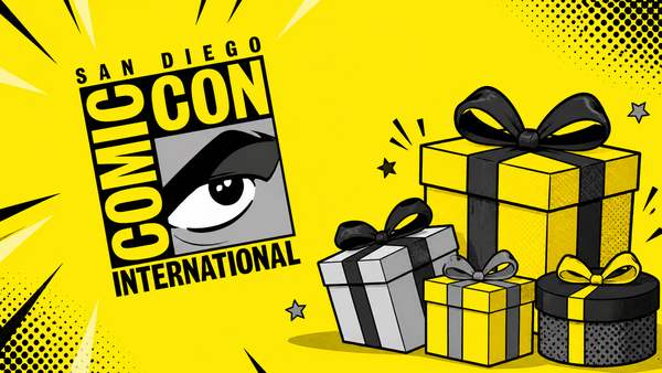 Pop comic style San Diego Comic-Con International graphic with official event logo, stacked yellow, black and white gift boxes decorated with ribbons, halftone dot and burst line details on bright yellow background