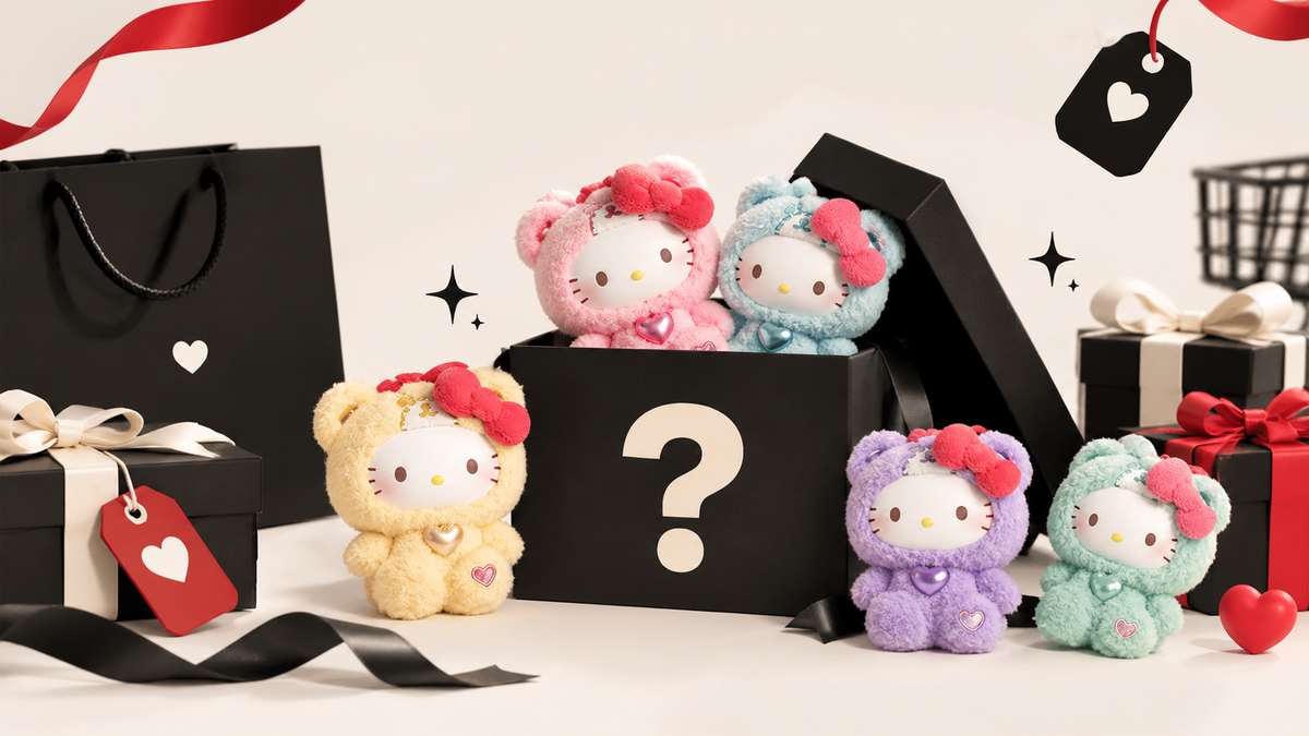 Black Friday blind box gift scene featuring pastel Hello Kitty plush toys, a mystery box, black gift boxes, red ribbons, and festive gift tags on a cream background.