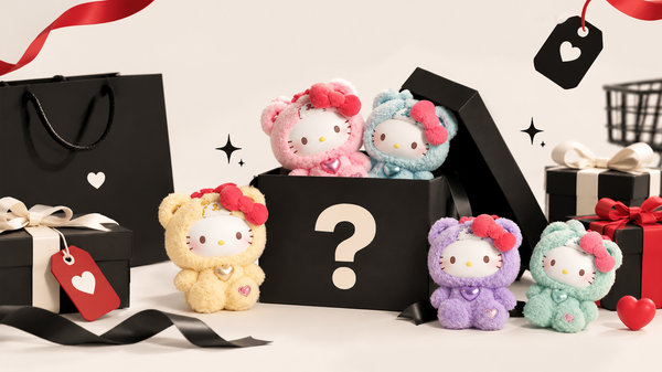 Black Friday blind box gift scene featuring pastel Hello Kitty plush toys, a mystery box, black gift boxes, red ribbons, and festive gift tags on a cream background.