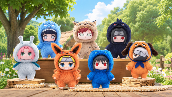 Naruto tailed beast costume plush dolls, characters in tailed beast furry suits, outdoor forest background.