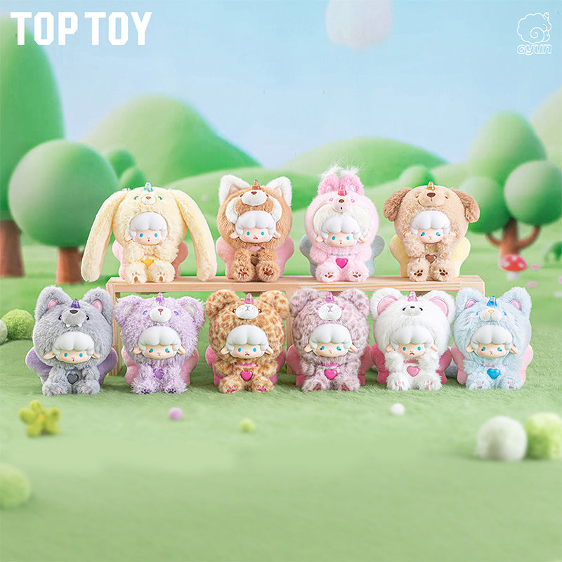 Set of cute toy figures on a wooden stand with a green landscape background