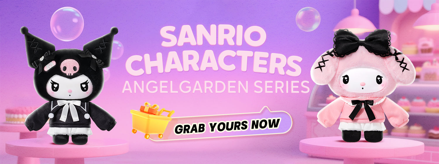 TOP TOY Sanrio characters from the Angel garden series on a promotional banner with a purple background.