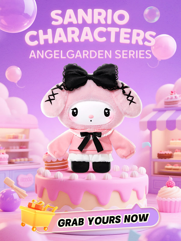 TOPTOY Sanrio character plush toy on a cake with 'Sanrio Characters Angel garden Series' text and promotional message.