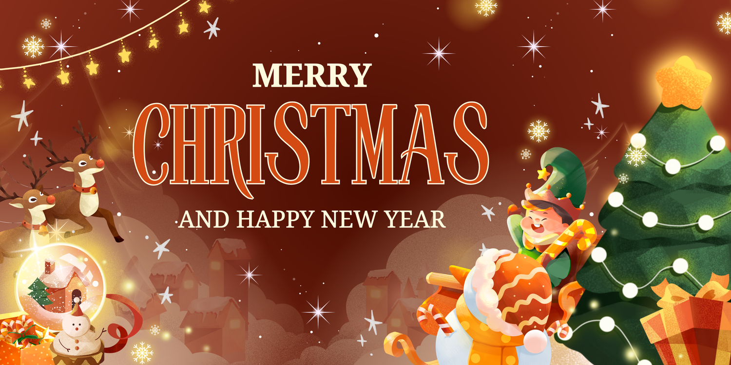 TOPTOY Christmas-themed banner with reindeer, Santa Claus, and Christmas tree on a brown background.