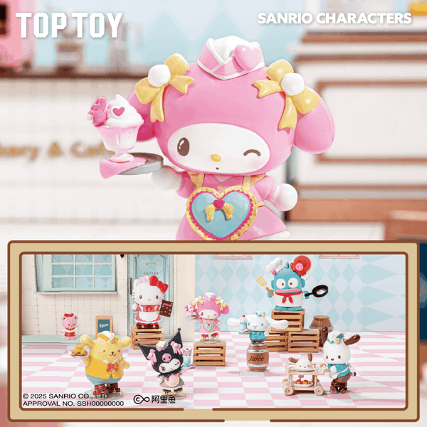 Sanrio character toy with a miniature set of other toys in the background