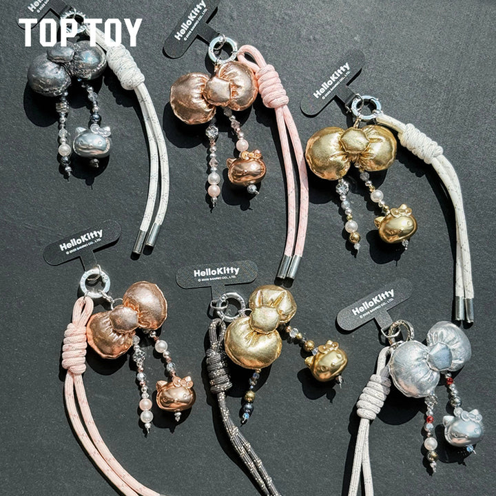 TOPTOY Hello Kitty Gold Glitter Phone Charms – Phone Strap, Mini Charm & Shoulder Lanyard
